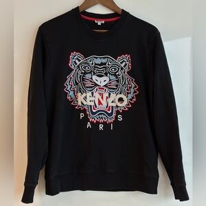 Kenzo Black Crewneck Sweater with Embroidered Tiger